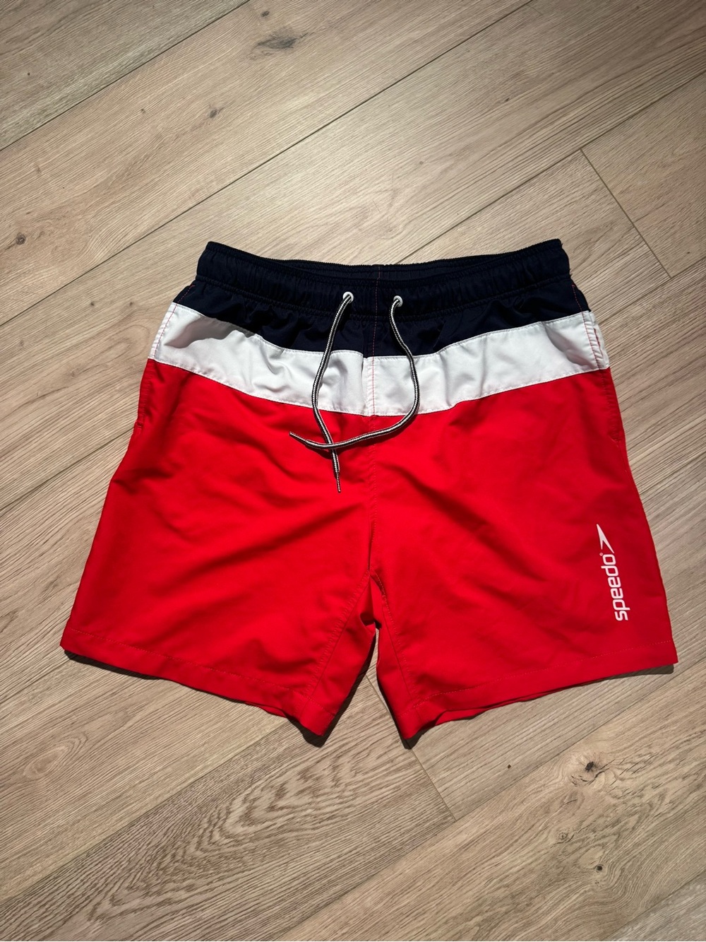 Speedo Red Swim Trunks with Navy Waistband and White Liner